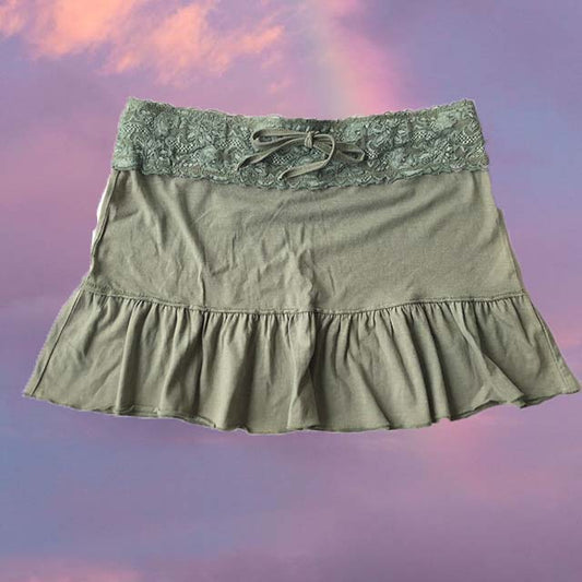 Vintage Y2K Fairy Grunge Green Skirt with Lace Waistband (S)