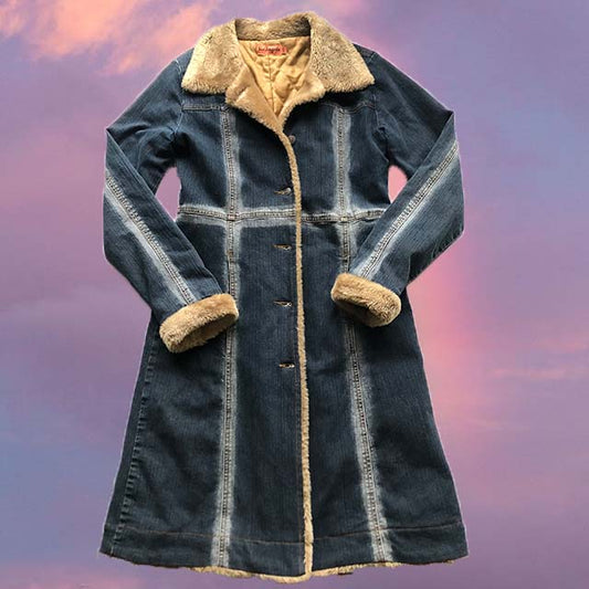 Vintage 90's Phoebe Buffay Denim Coat with Furry Trim (M / 40 EU / UK 12- Vegan)